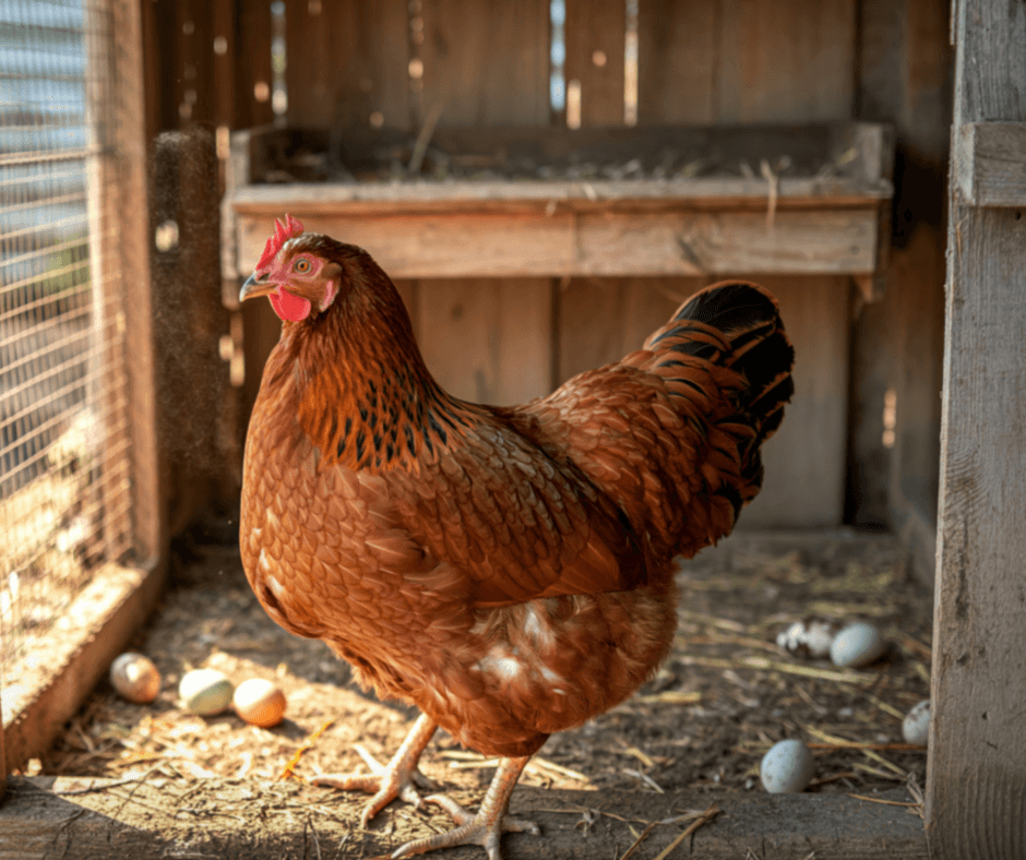 Hen in coop